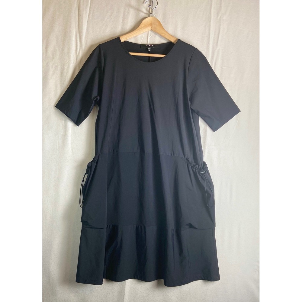 Jason by Comfy Black Midi Dress M Made in USA Tiered Drawstring Pocket Artwear